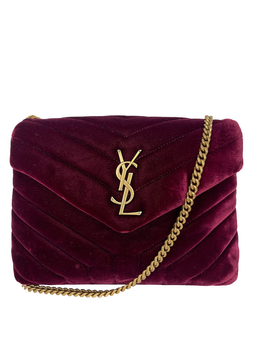 Saint Laurent Velvet Y Quilted Monogram Small Loulou Chain Satchel Burgundy