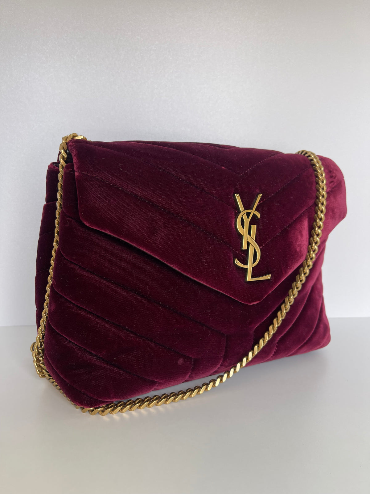 Saint Laurent Velvet Y Quilted Monogram Small Loulou Chain Satchel Burgundy