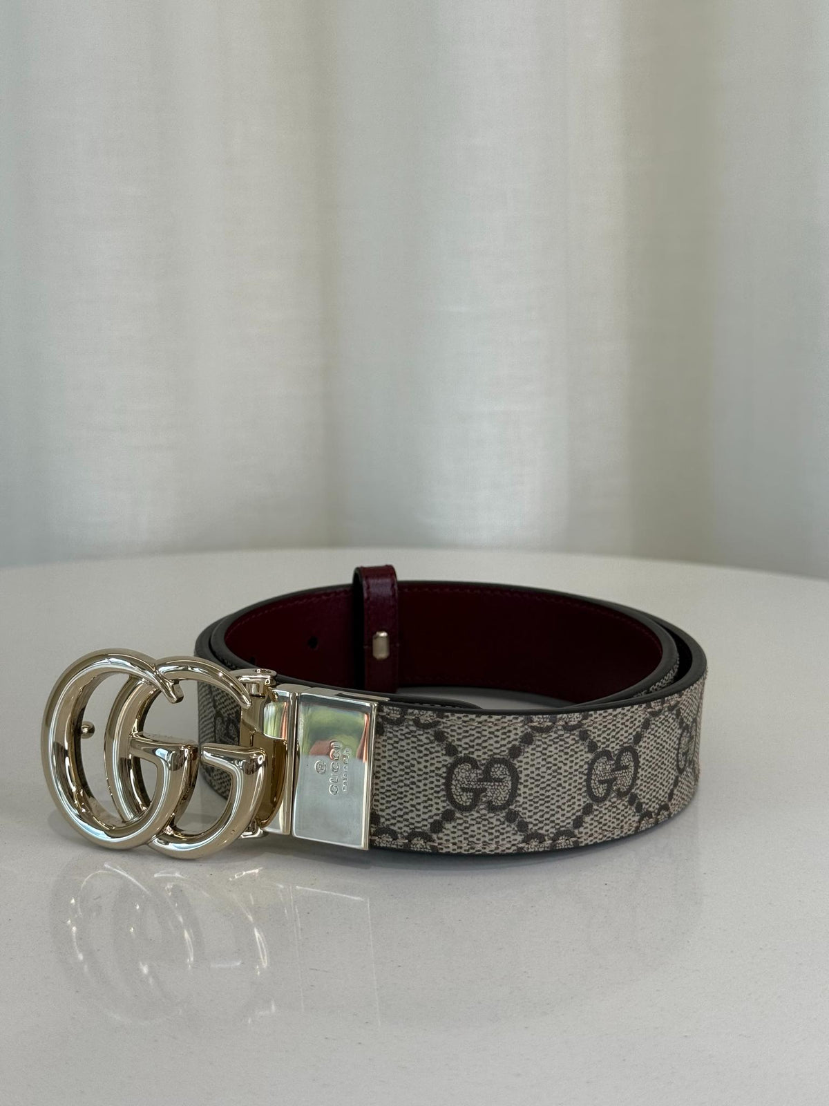 Gucci GG Supreme Monogram Reversible Belt Burgundy Leather