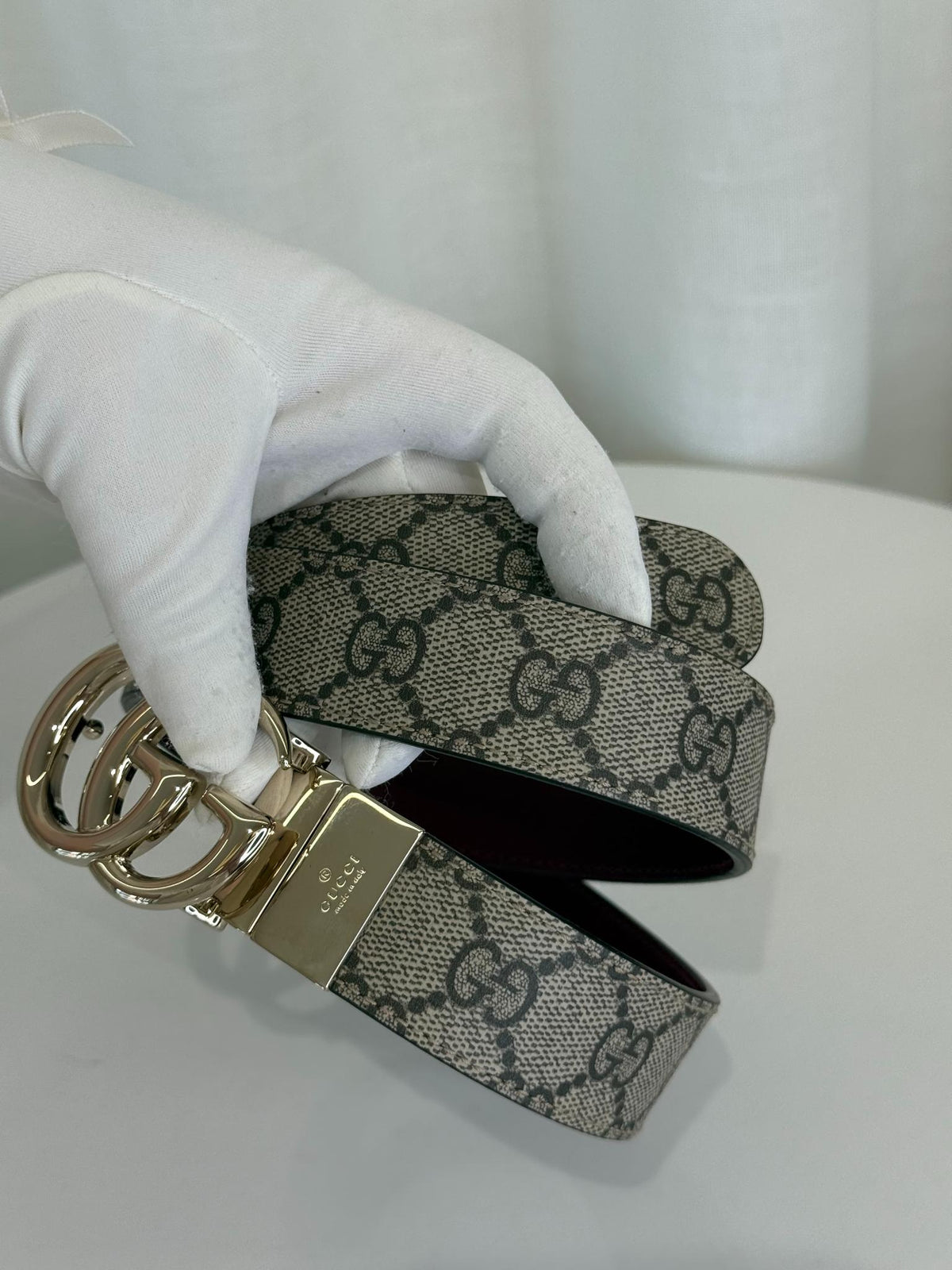 Gucci GG Supreme Monogram Reversible Belt Burgundy Leather