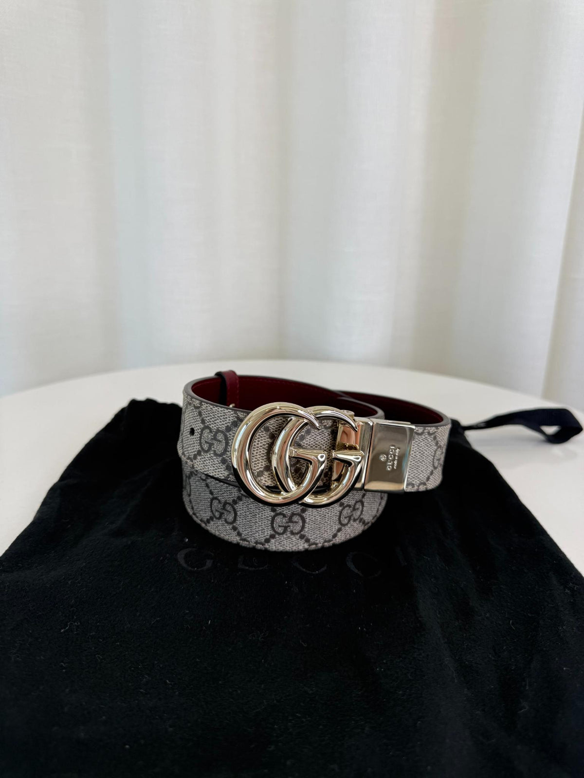 Gucci GG Supreme Monogram Reversible Belt Burgundy Leather