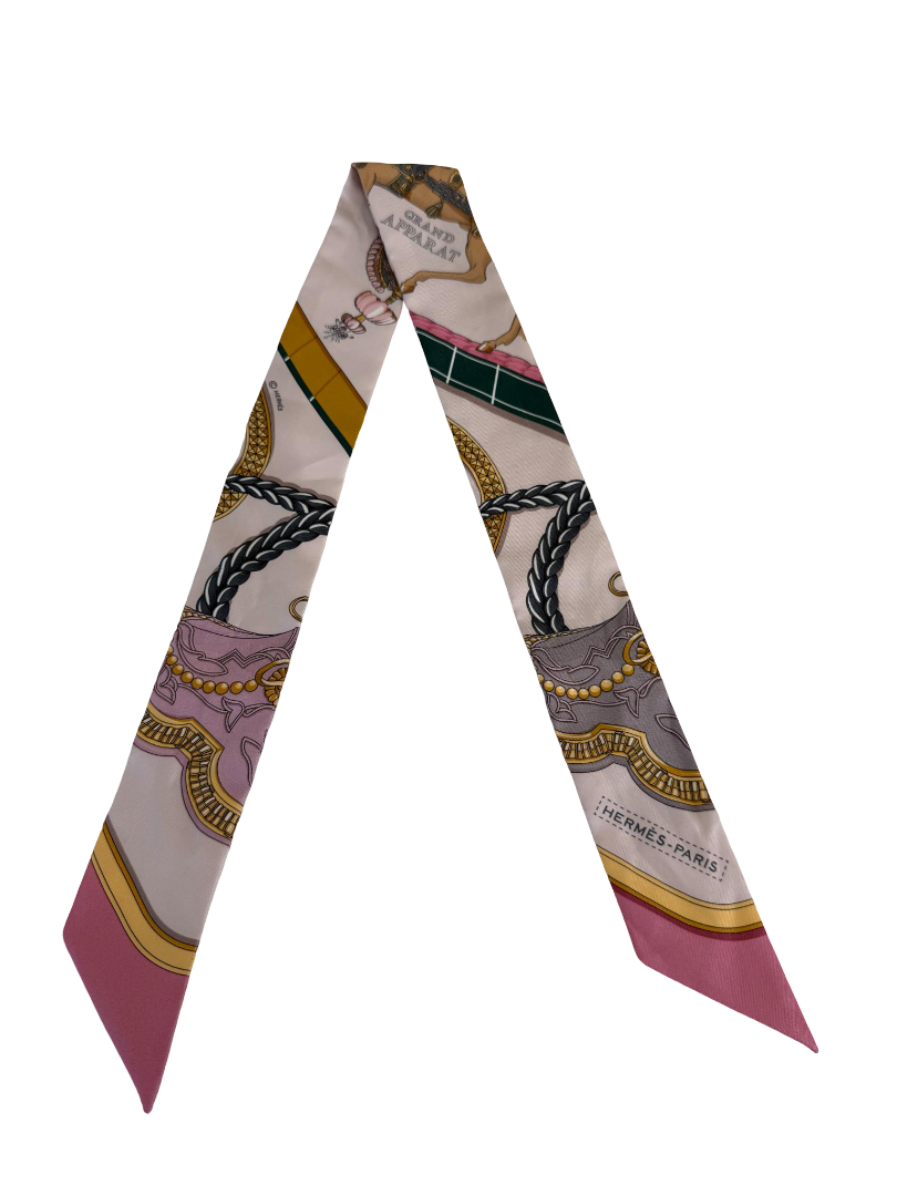 Hermes Silk Grand Apparat Twilly Rose Nacre Gold Anthracite