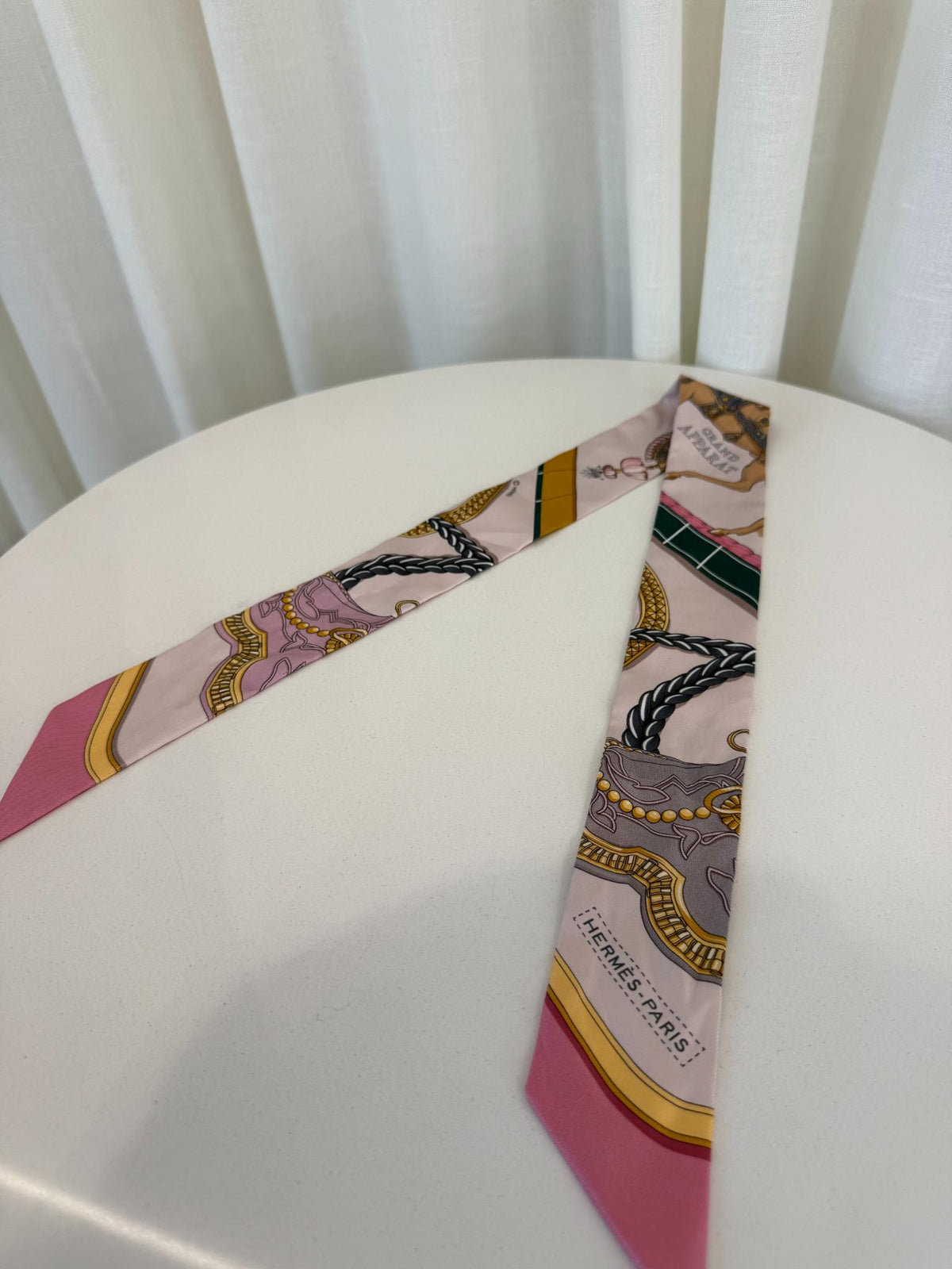 Hermes Silk Grand Apparat Twilly Rose Nacre Gold Anthracite