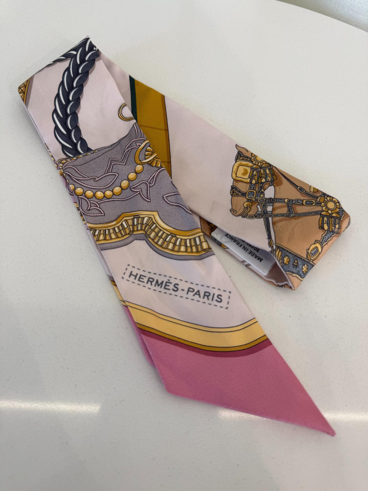 Hermes Silk Grand Apparat Twilly Rose Nacre Gold Anthracite