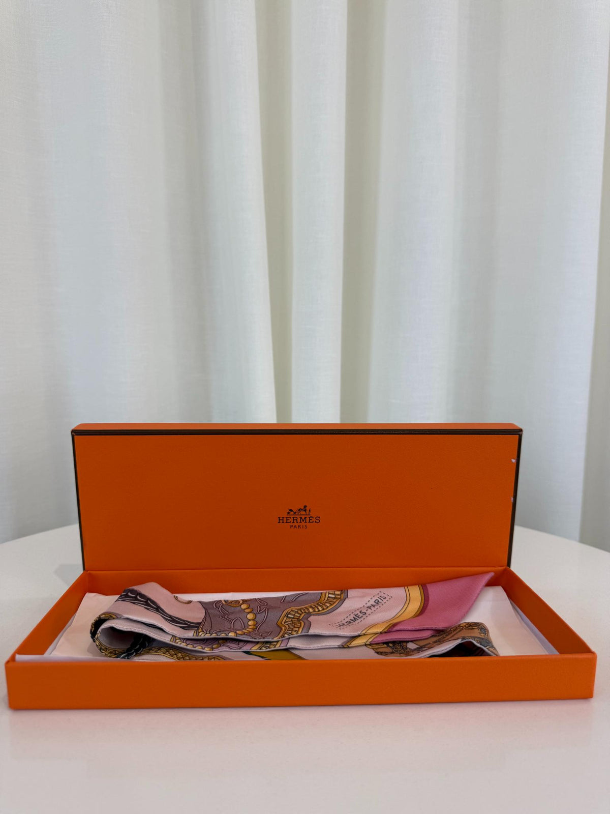 Hermes Silk Grand Apparat Twilly Rose Nacre Gold Anthracite