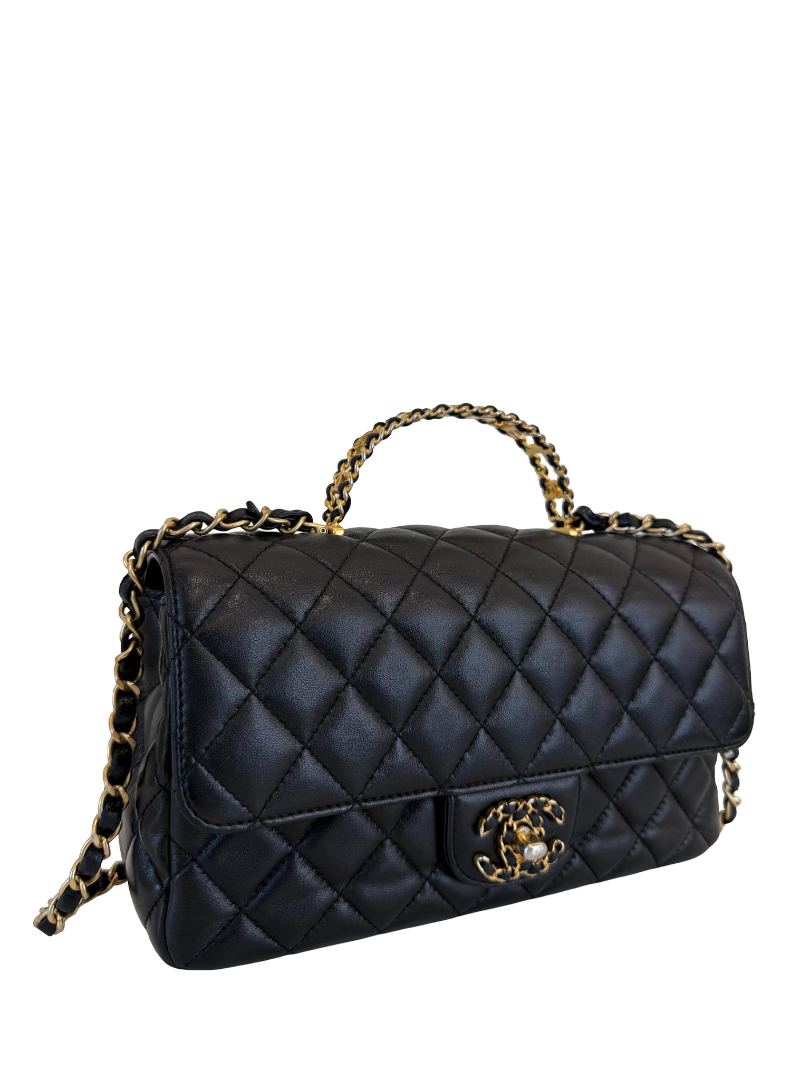 Chanel Lambskin Quilted Small Strass On Top Flap Bag Black