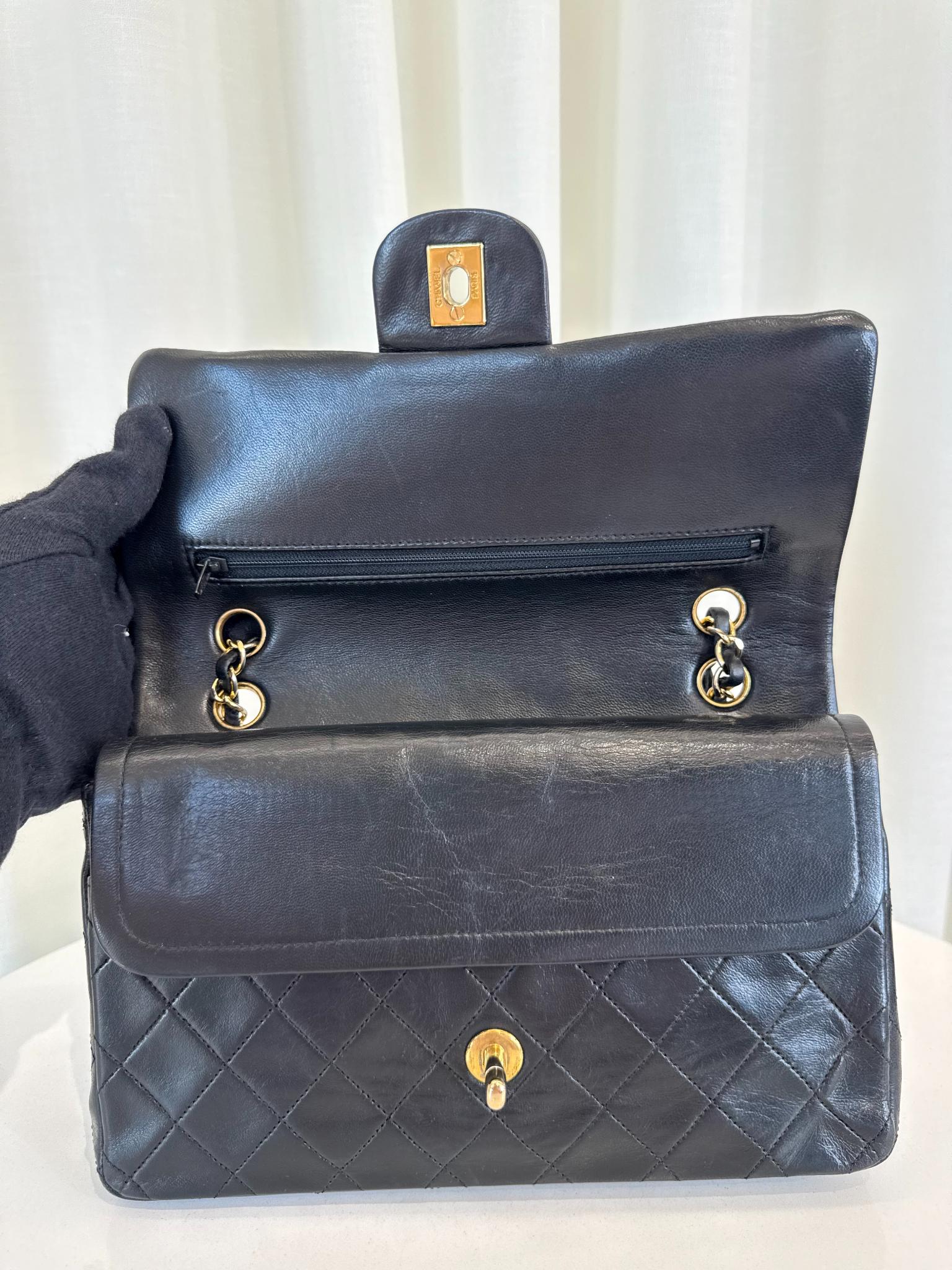 Chanel Vintage Medium Classic Double Flap Black Lambskin Gold Plated Hardware