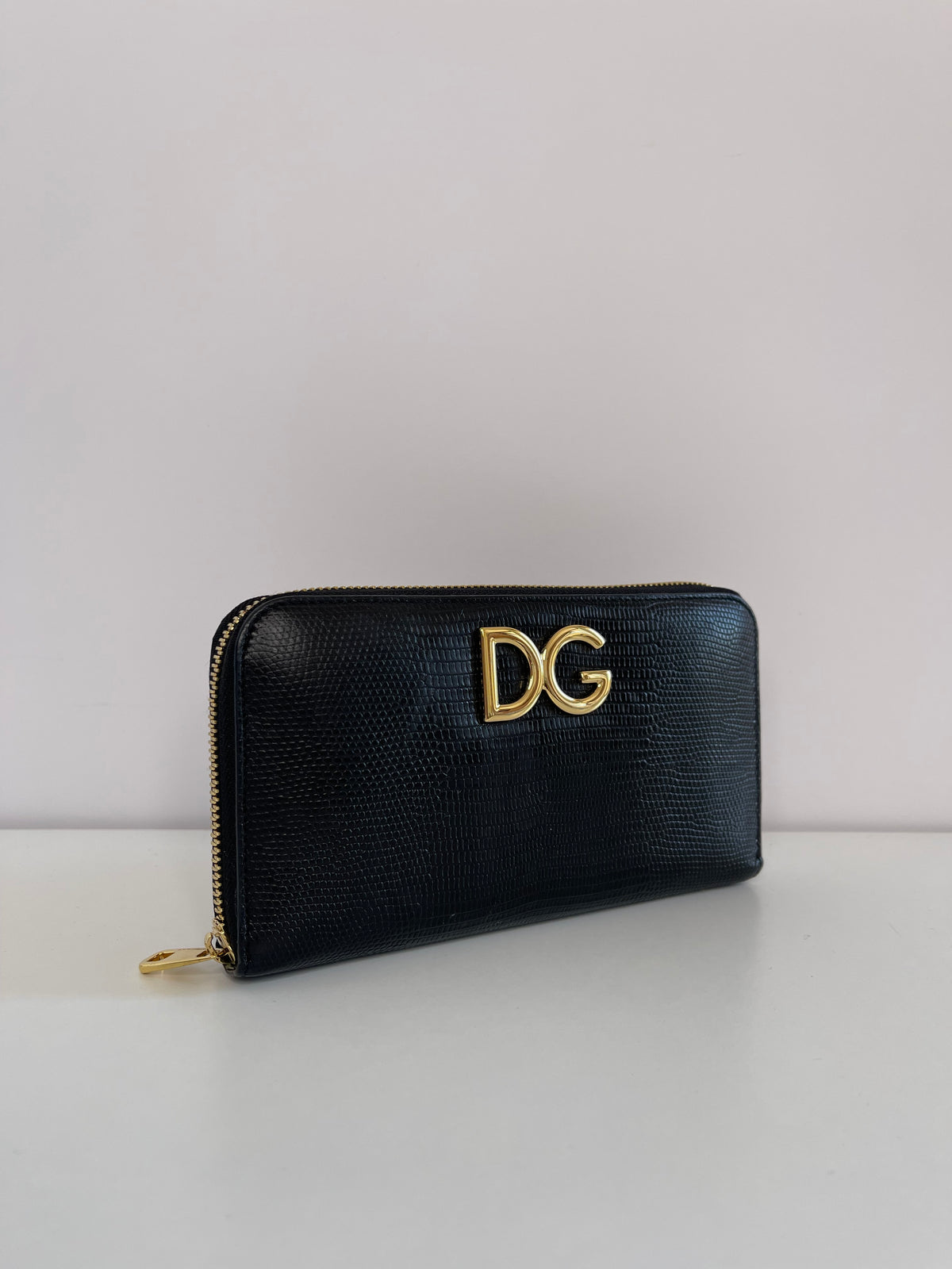 Dolce & Gabbana Black Lizard Embossed Leather Zip Around Wallet