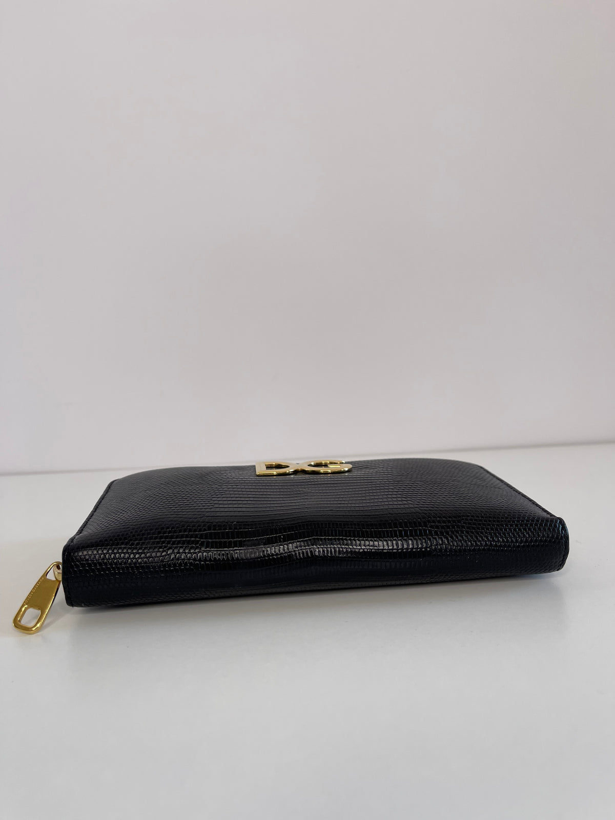 Dolce & Gabbana Black Lizard Embossed Leather Zip Around Wallet