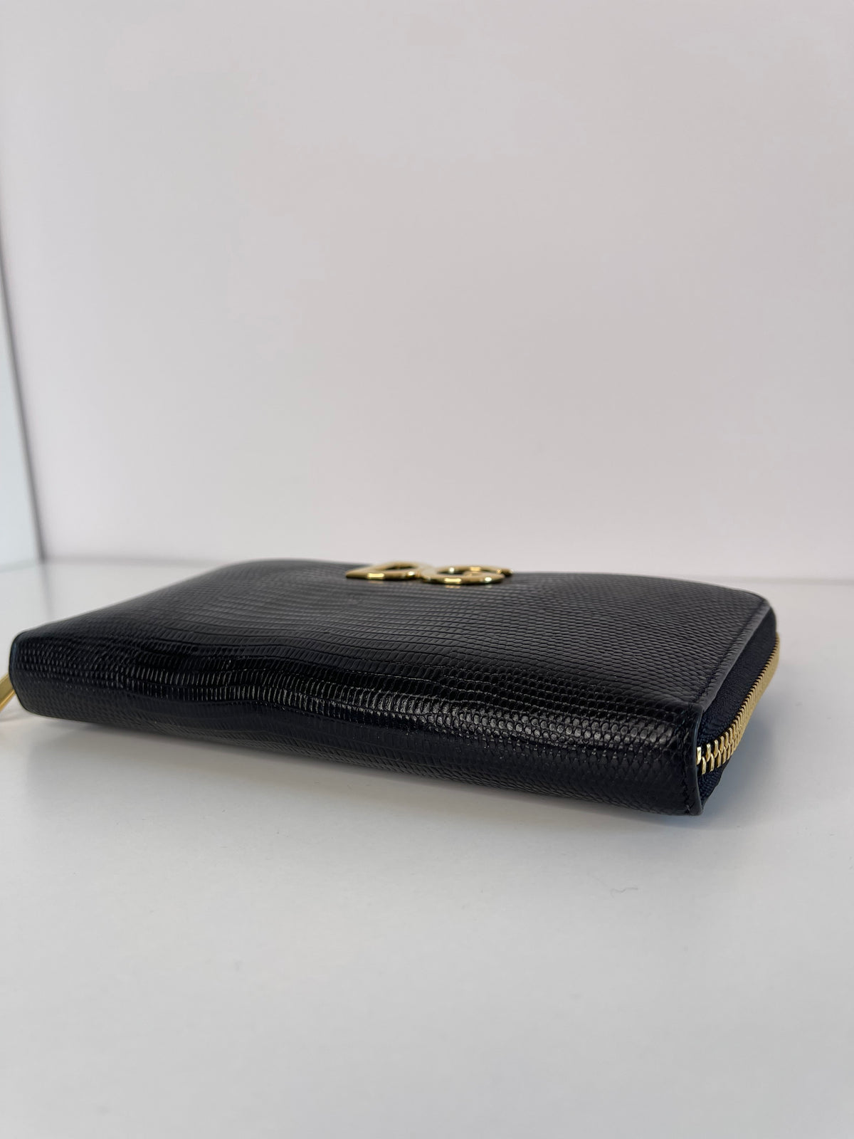 Dolce & Gabbana Black Lizard Embossed Leather Zip Around Wallet