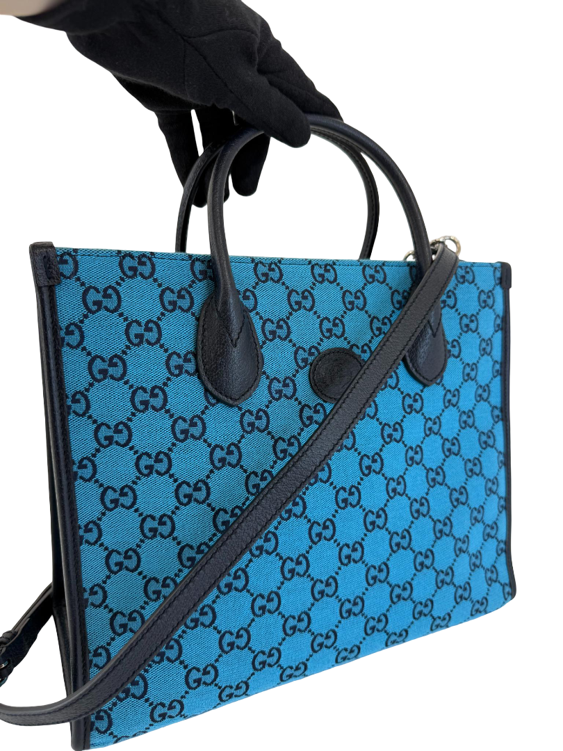 Gucci Monogram Blue GG Canvas/Calfskin Retro Tote Bag