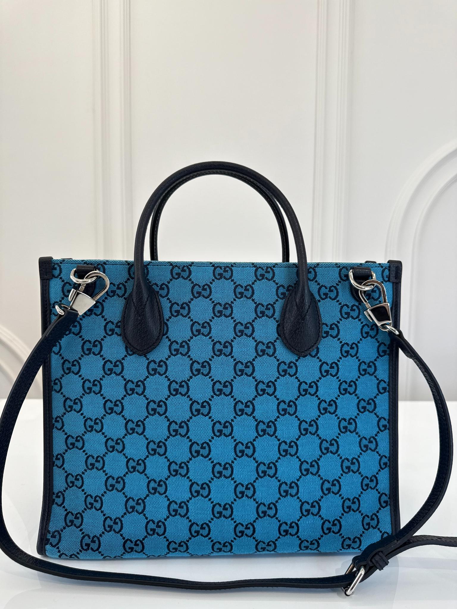Gucci Monogram Blue GG Canvas/Calfskin Retro Tote Bag
