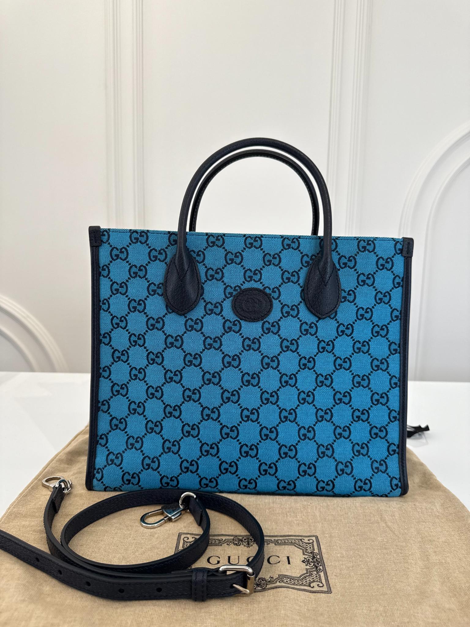 Gucci Monogram Blue GG Canvas/Calfskin Retro Tote Bag