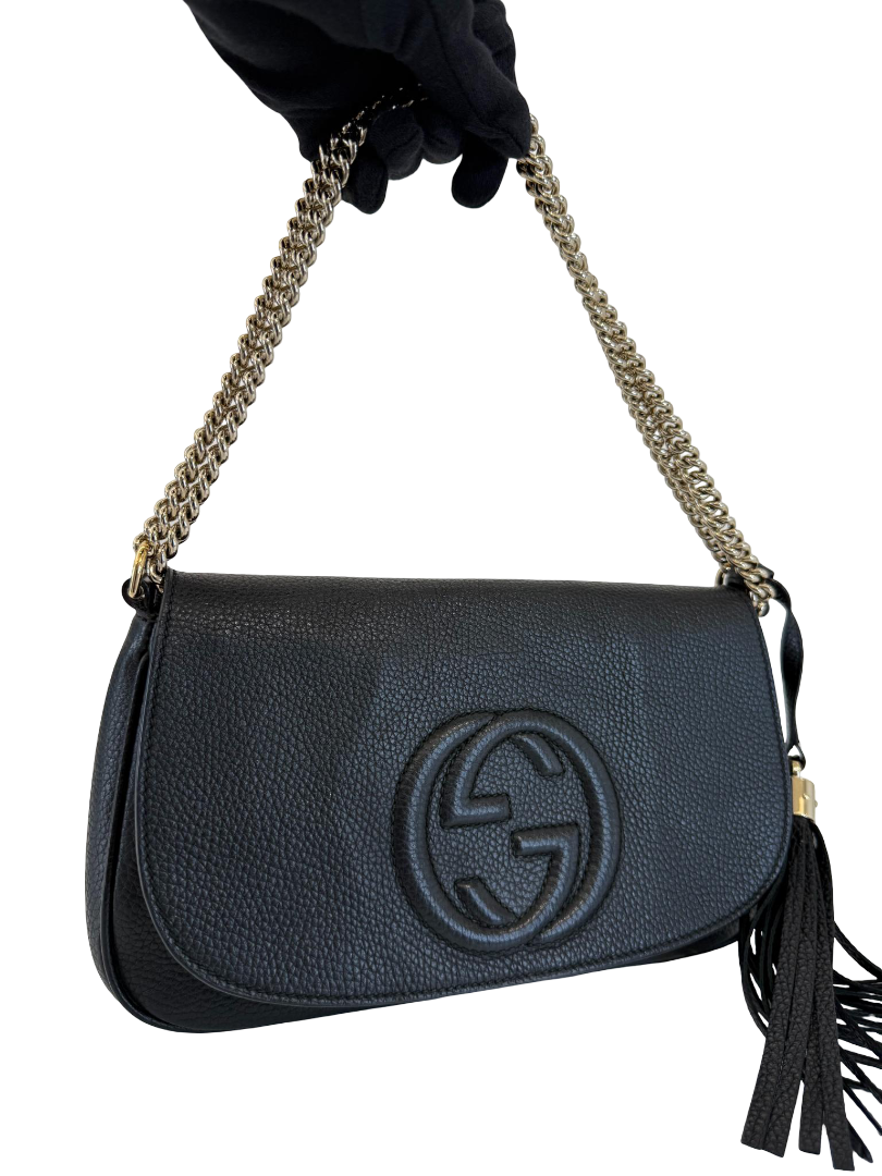 Gucci Black Leather Soho Chain Flap Crossbody Bag