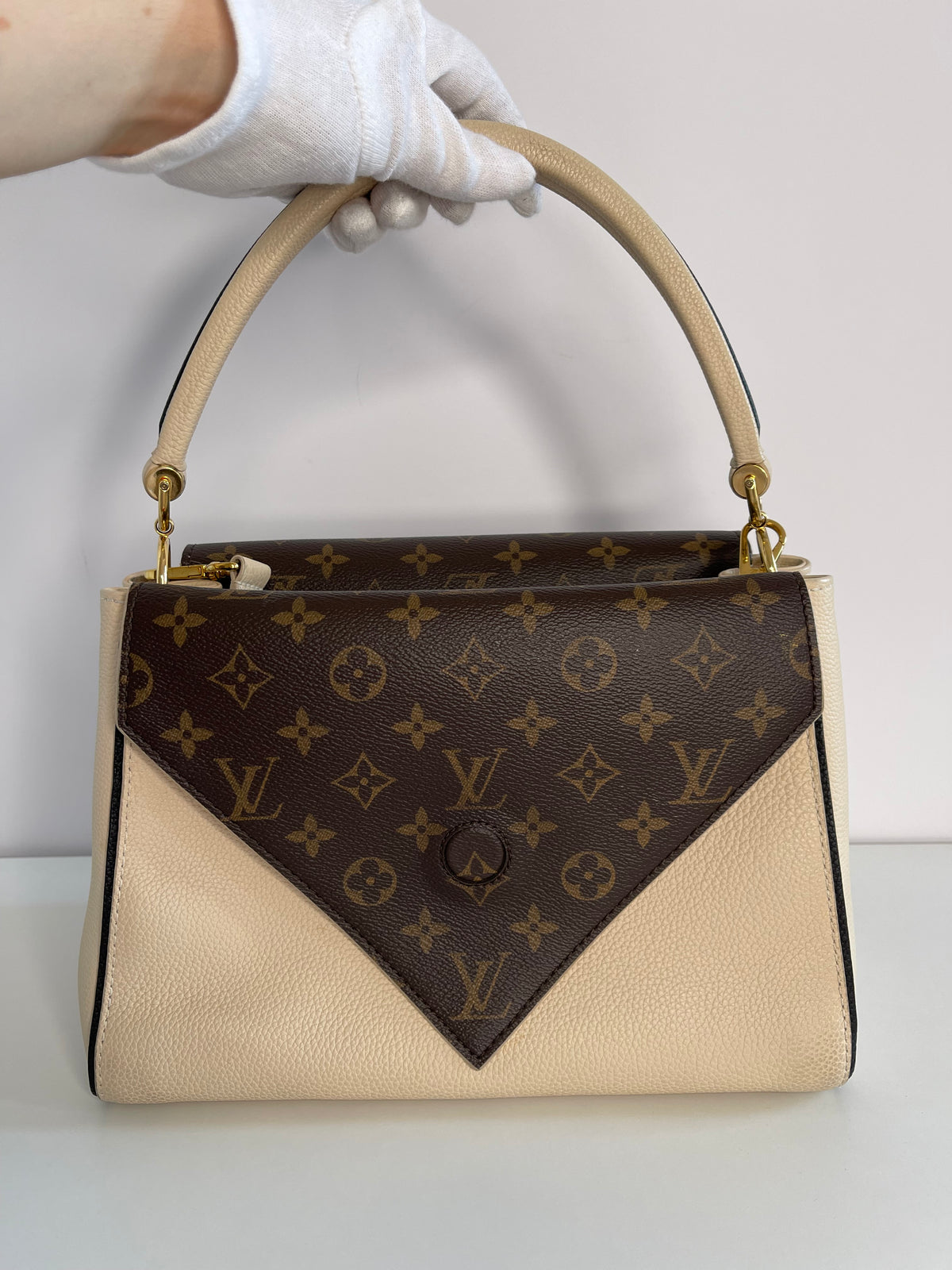 Louis Vuitton Double V Beige Leather Monogram Coated Canvas Handbag