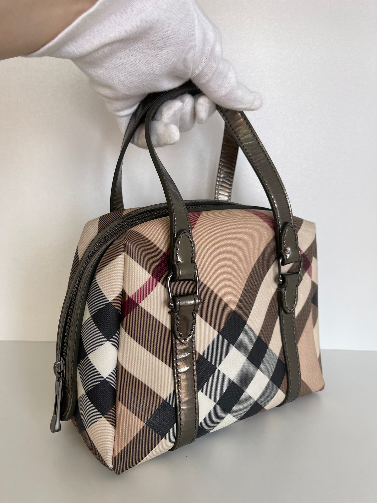 Burberry Top Handle Nova Check Canvas Mini Silvery