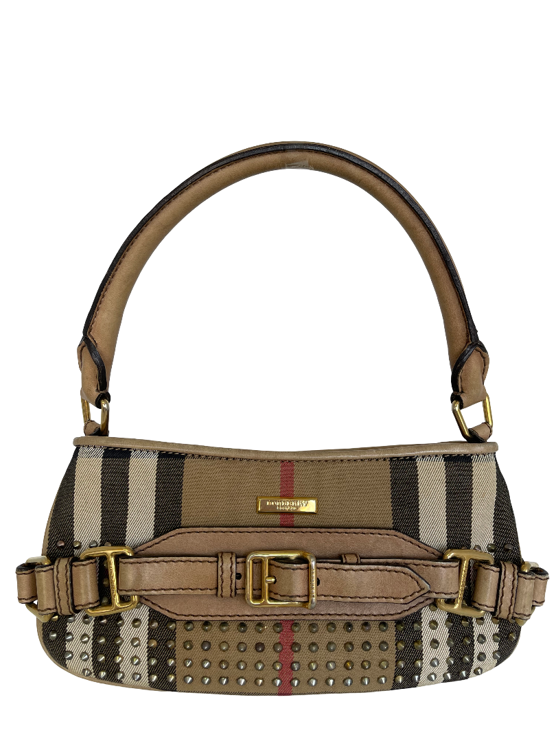 Burberry Beige Nova Check Canvas and Leather Studded Shoulder Bag