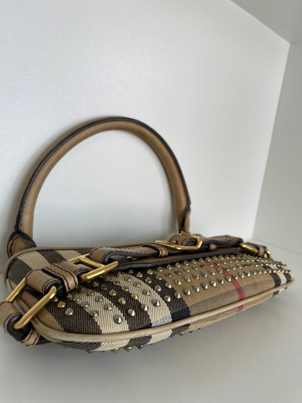 Burberry Beige Nova Check Canvas and Leather Studded Shoulder Bag