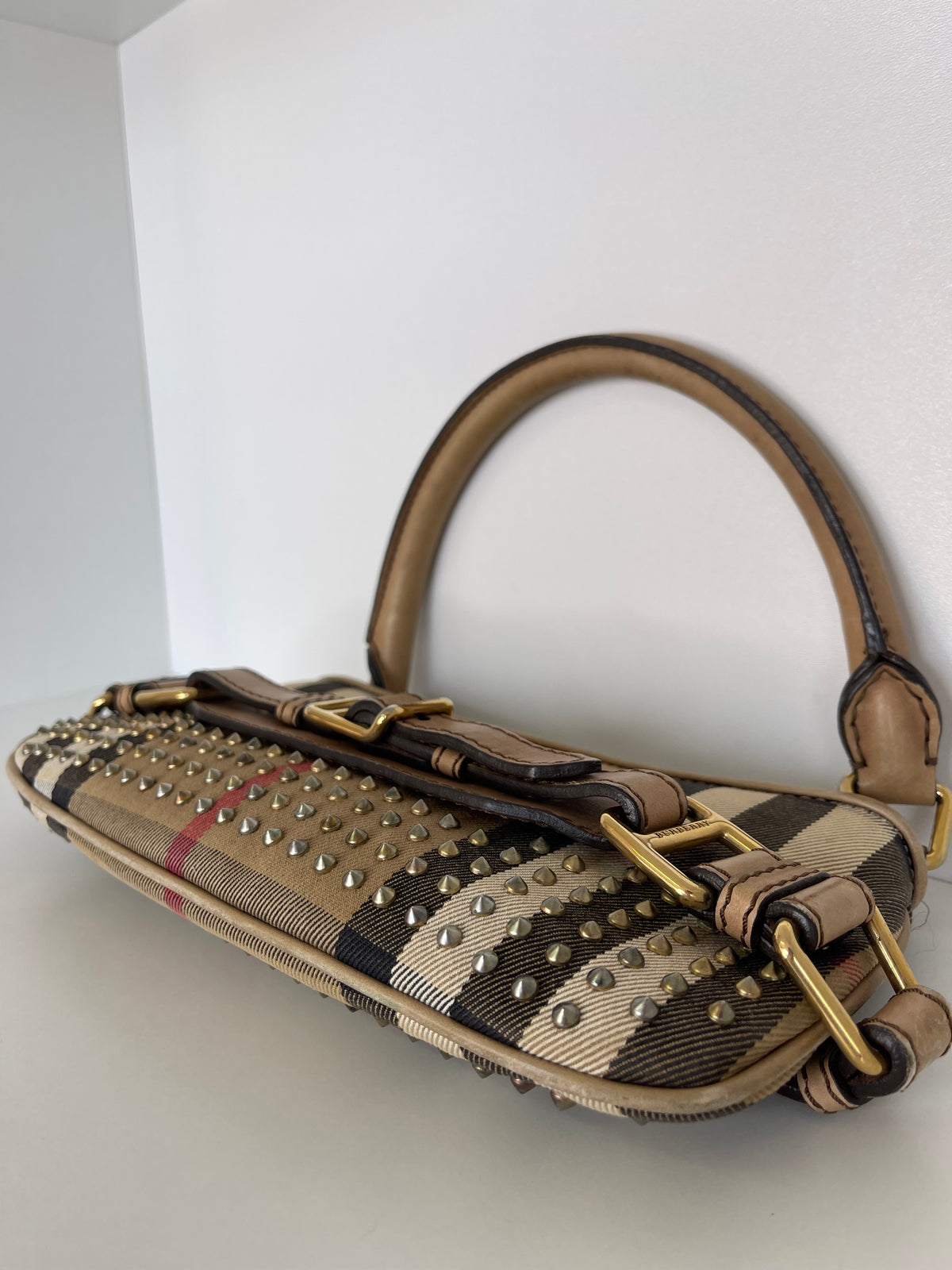 Burberry Beige Nova Check Canvas and Leather Studded Shoulder Bag