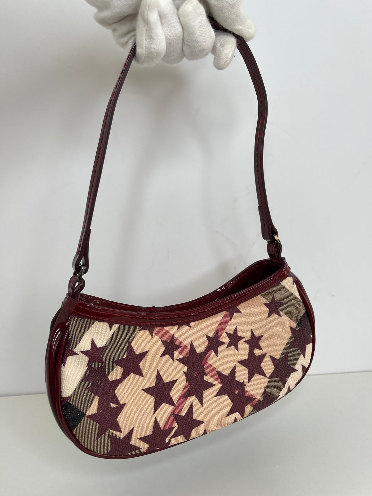 Burberry Pochette Nova Stars Mini Canvas Patent Leather Gunmetal Burgundy/Beige