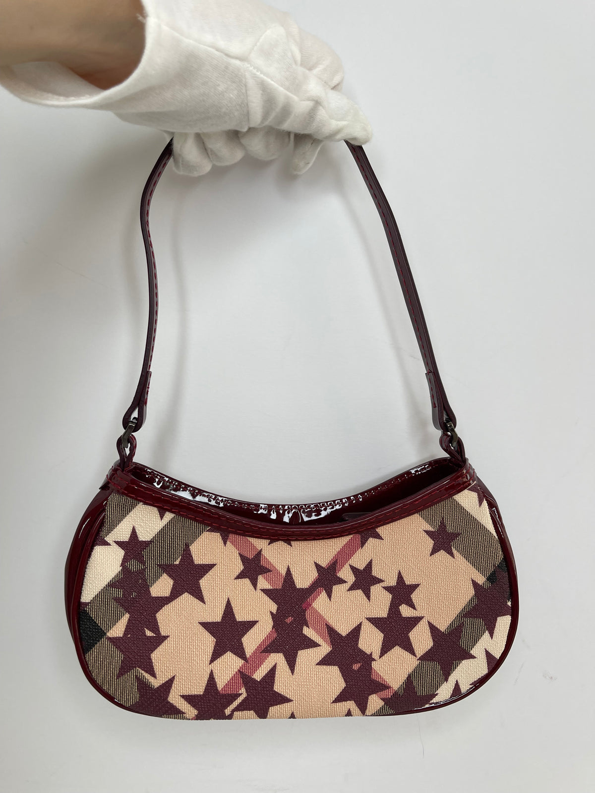 Burberry Pochette Nova Stars Mini Canvas Patent Leather Gunmetal Burgundy/Beige