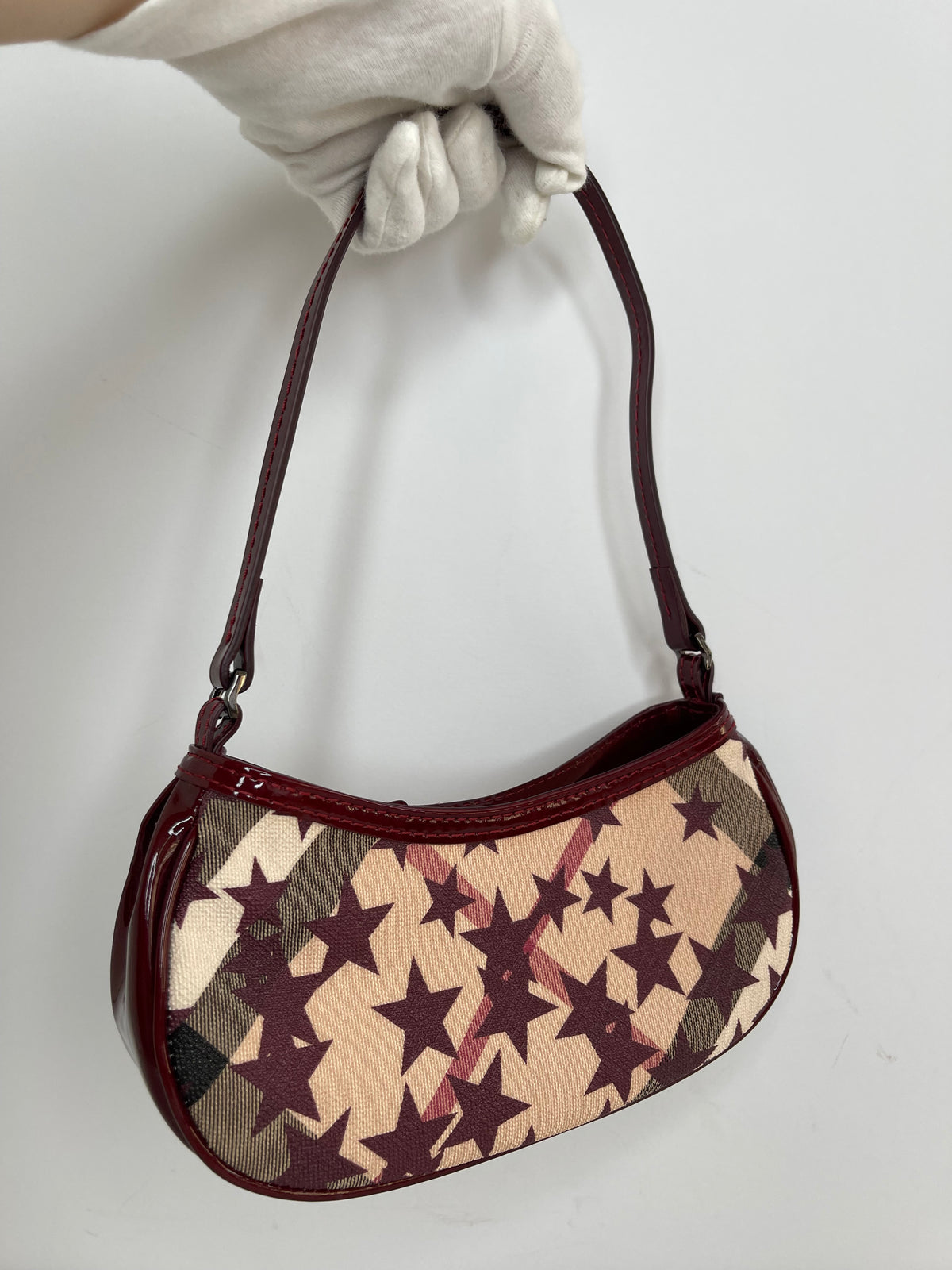 Burberry Pochette Nova Stars Mini Canvas Patent Leather Gunmetal Burgundy/Beige