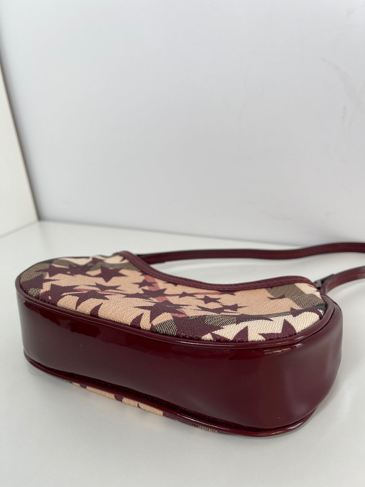 Burberry Pochette Nova Stars Mini Canvas Patent Leather Gunmetal Burgundy/Beige