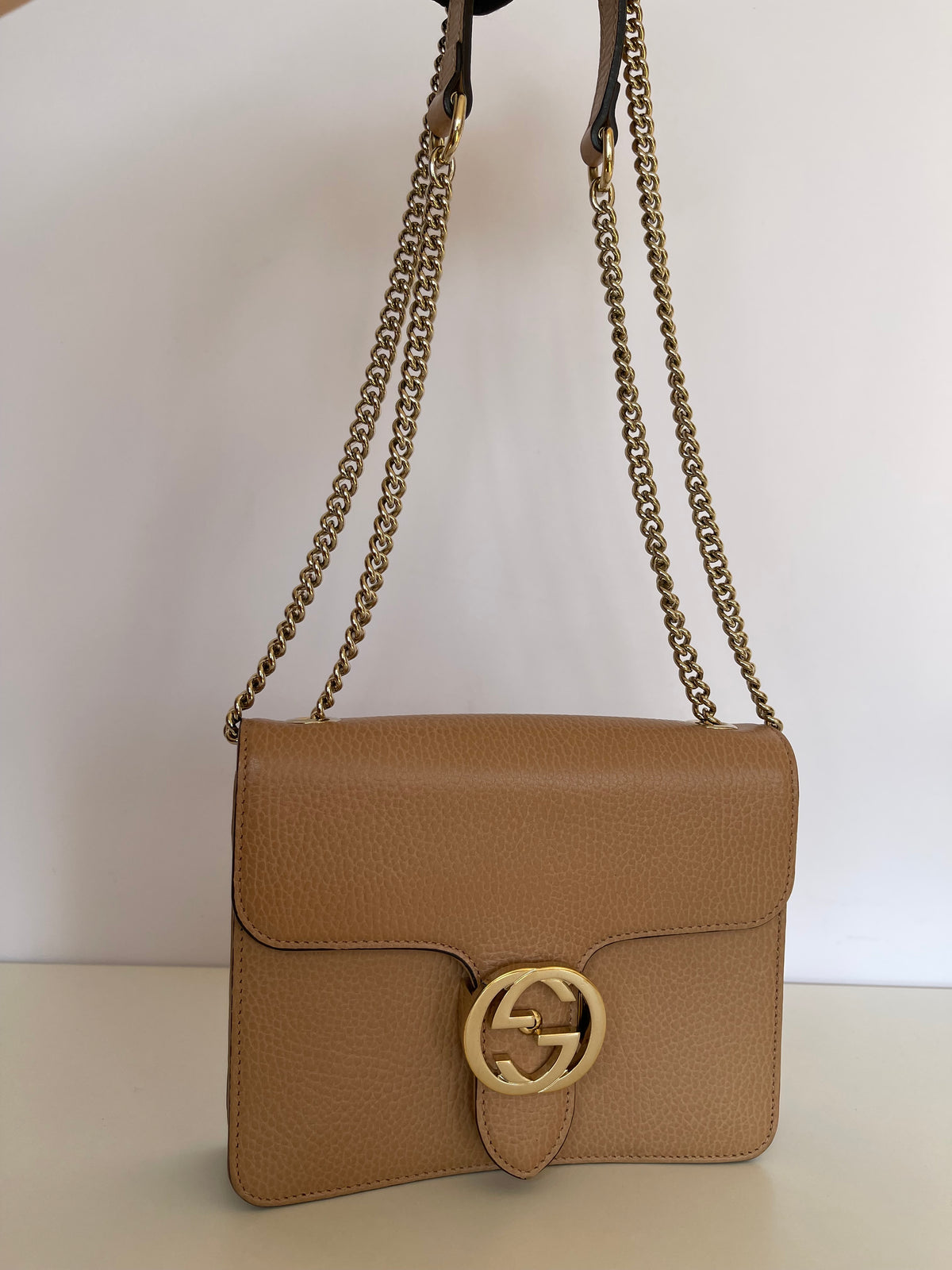Gucci Dollar Calfskin Small Interlocking G Shoulder Bag Camelia