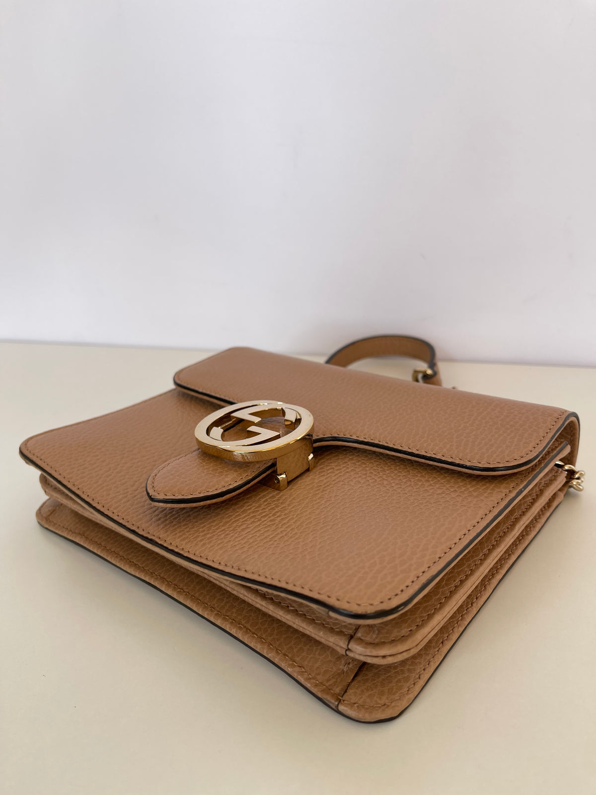 Gucci Dollar Calfskin Small Interlocking G Shoulder Bag Camelia