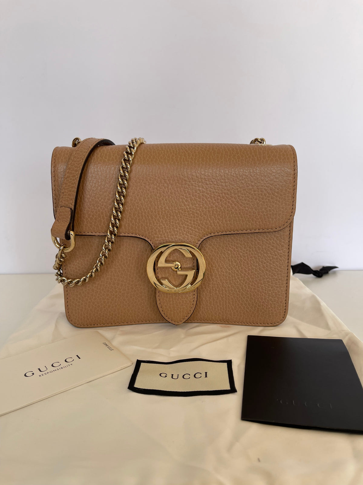Gucci Dollar Calfskin Small Interlocking G Shoulder Bag Camelia