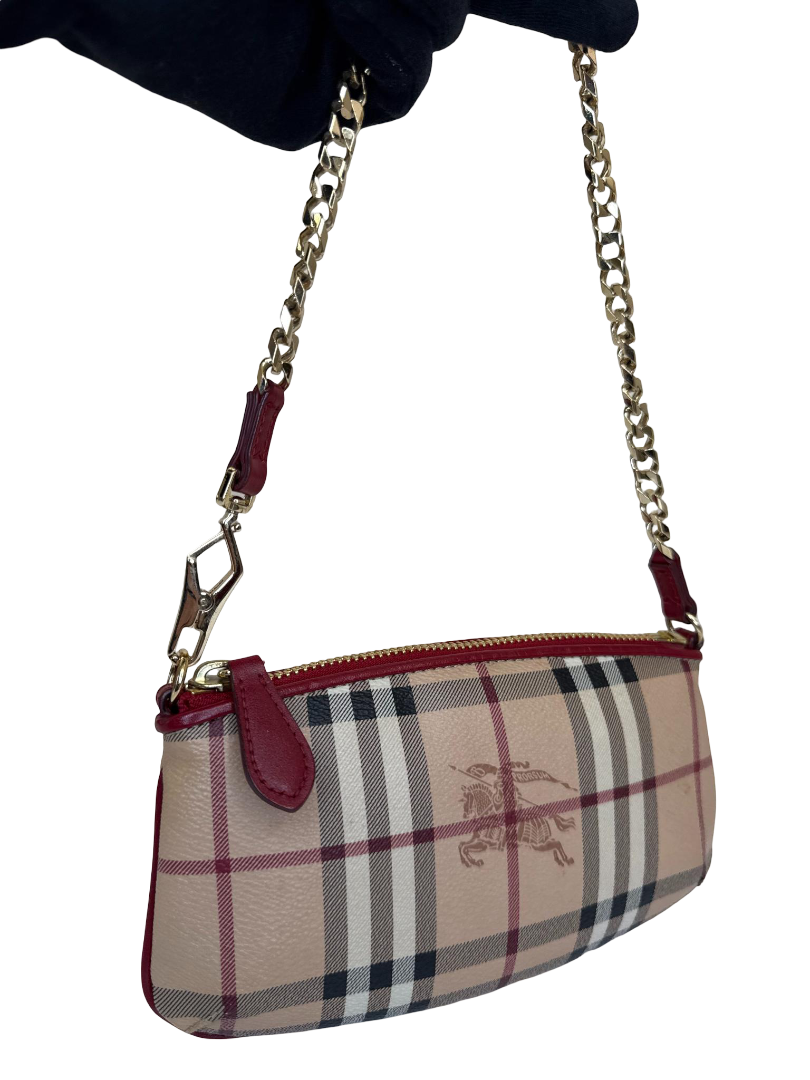 Burberry Clara Red/Beige Haymarket Check Coated Canvas Pochette