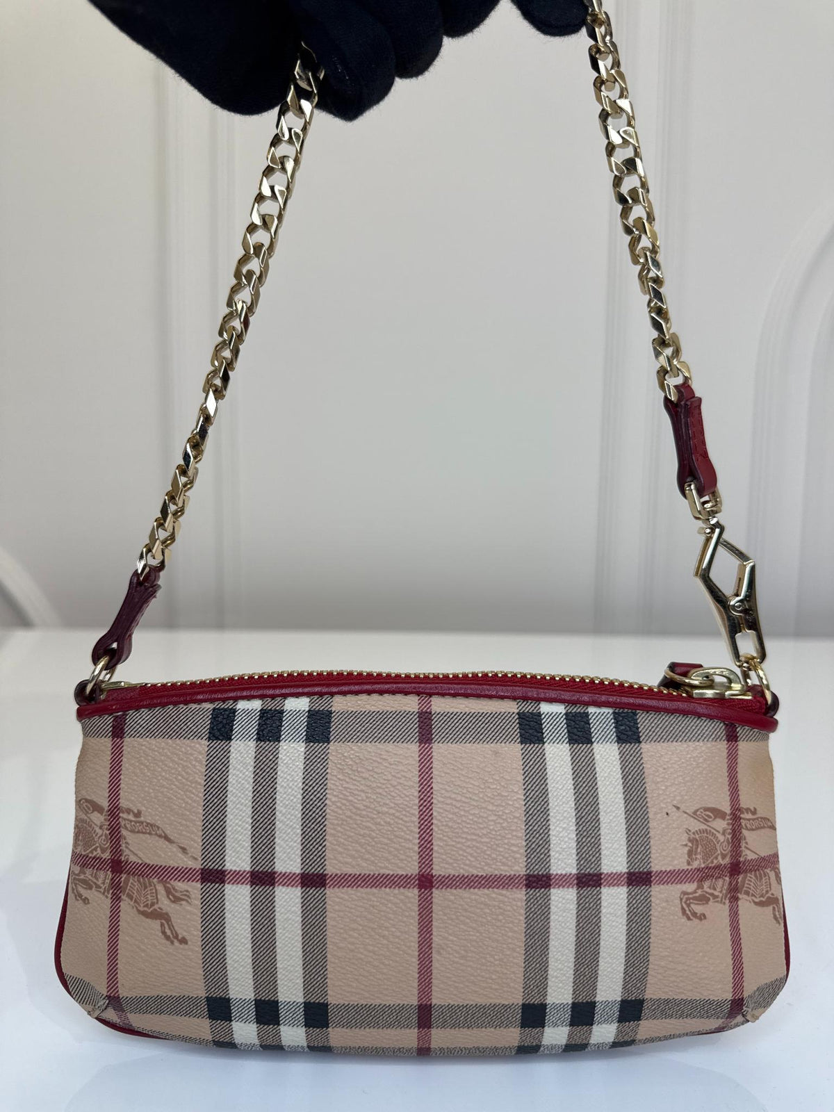 Burberry Clara Red/Beige Haymarket Check Coated Canvas Pochette