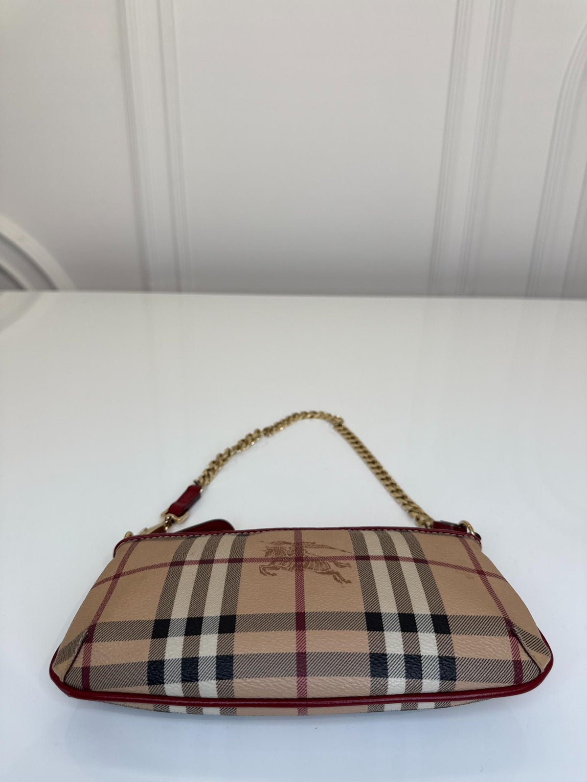 Burberry Clara Red/Beige Haymarket Check Coated Canvas Pochette