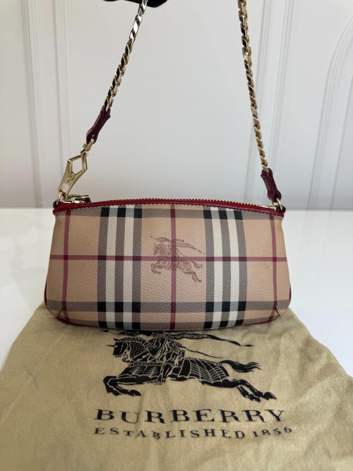 Burberry Clara Red/Beige Haymarket Check Coated Canvas Pochette