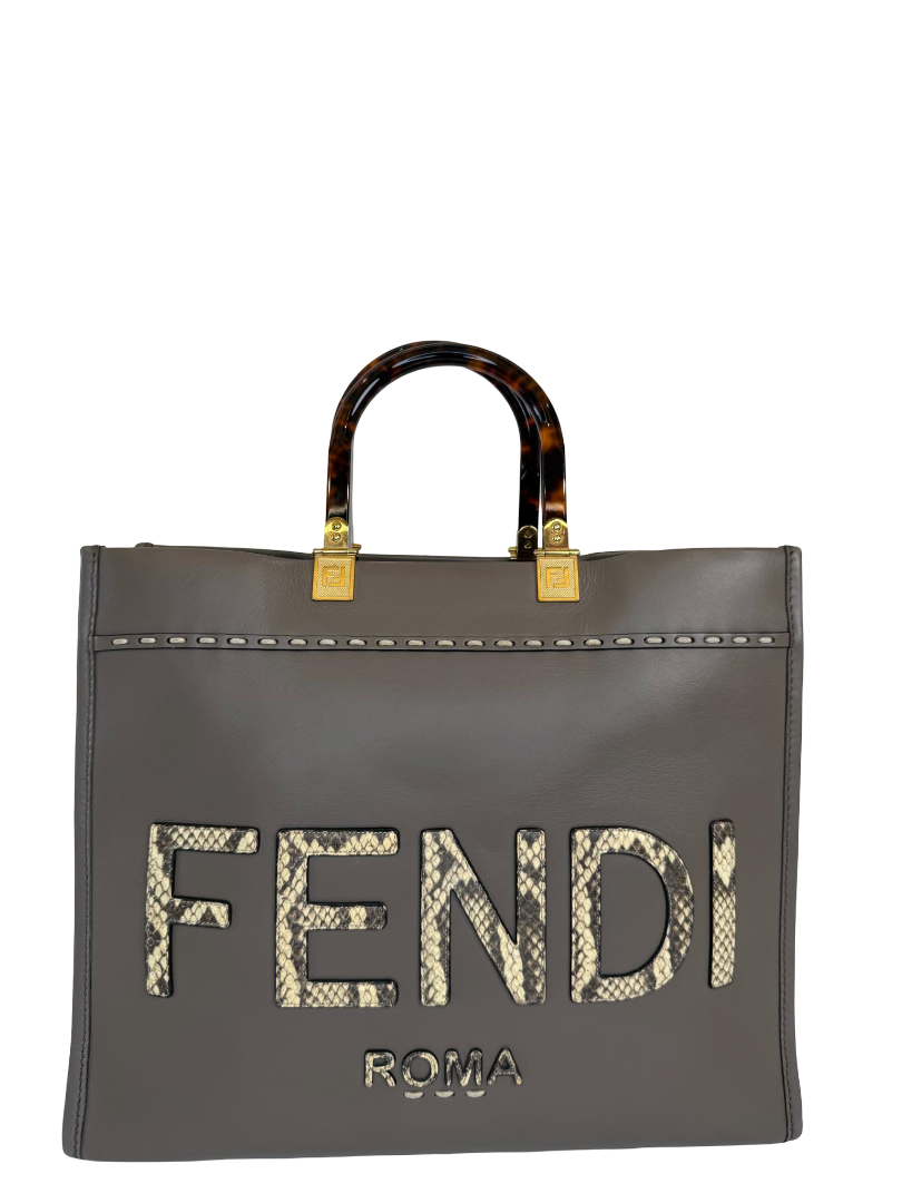 Fendi Dark Beige Leather/Snakeskin Medium Sunshine Tote Bag