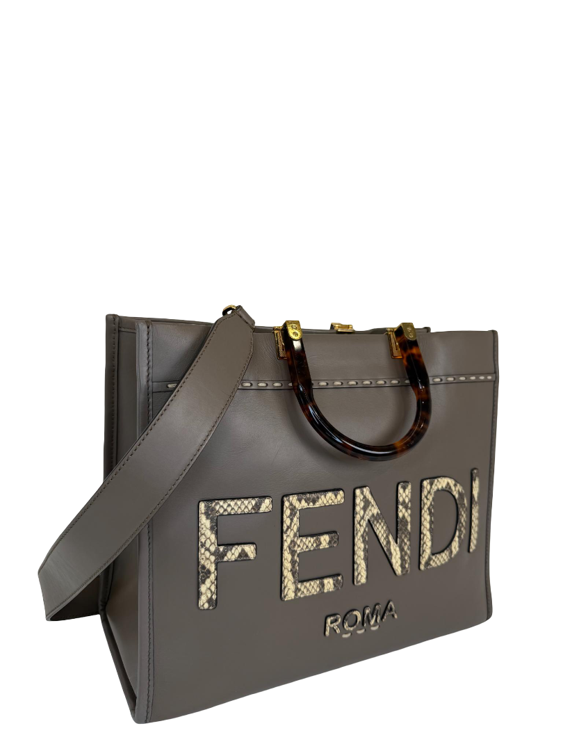 Fendi Dark Beige Leather/Snakeskin Medium Sunshine Tote Bag