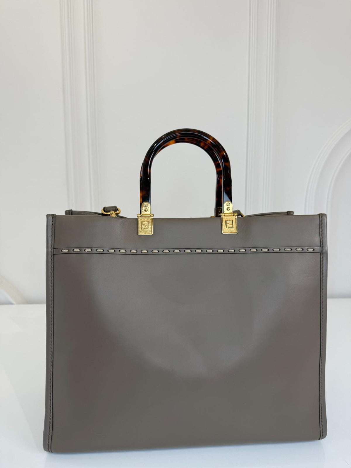 Fendi Dark Beige Leather/Snakeskin Medium Sunshine Tote Bag