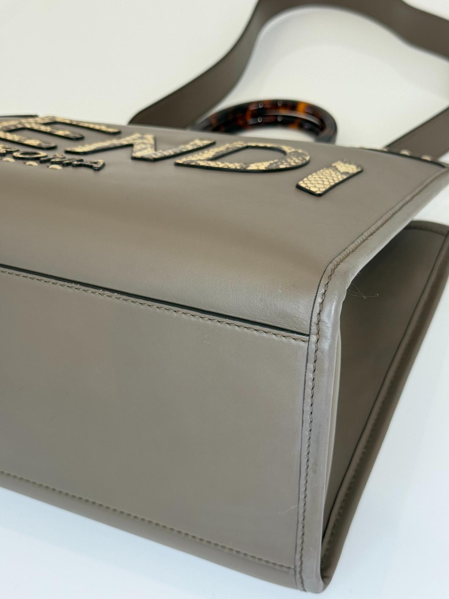 Fendi Dark Beige Leather/Snakeskin Medium Sunshine Tote Bag