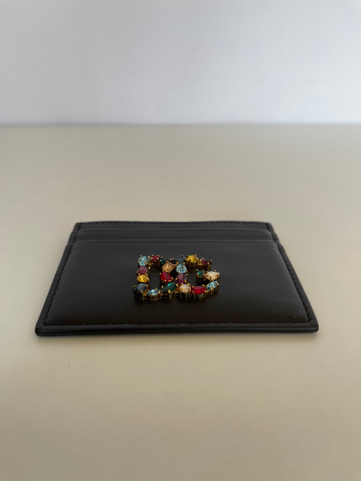 Dolce Gabbana Card Holder With DG Crystal Logo in Black Leather