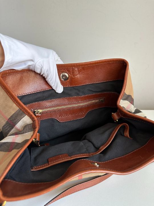Burberry Brown Leather Bridle House Check Canvas Canterbury Tote Bag
