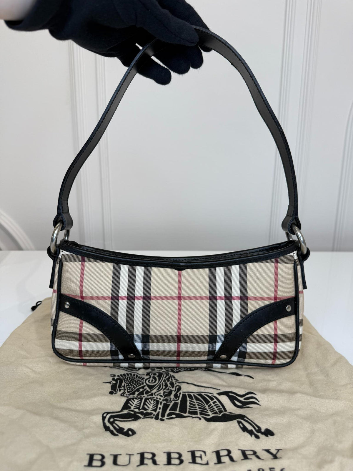 Burberry Black/Beige House Check PVC and Leather Pochette Bag