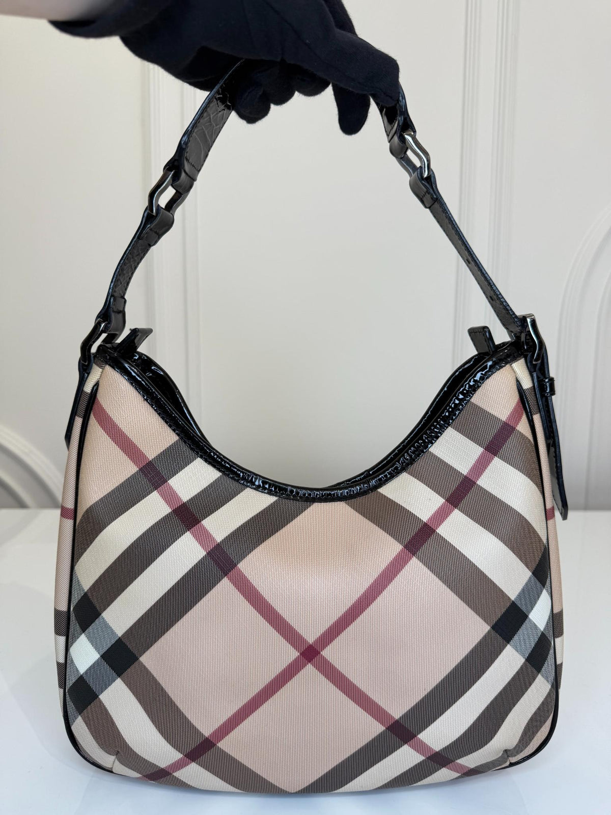 Burberry Beige/Black Nova Check PVC and Patent Leather Barton Hobo