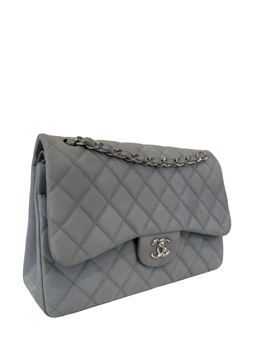 Chanel Classic Jumbo Light Grey Quilted Nubuk Double Flap Bag