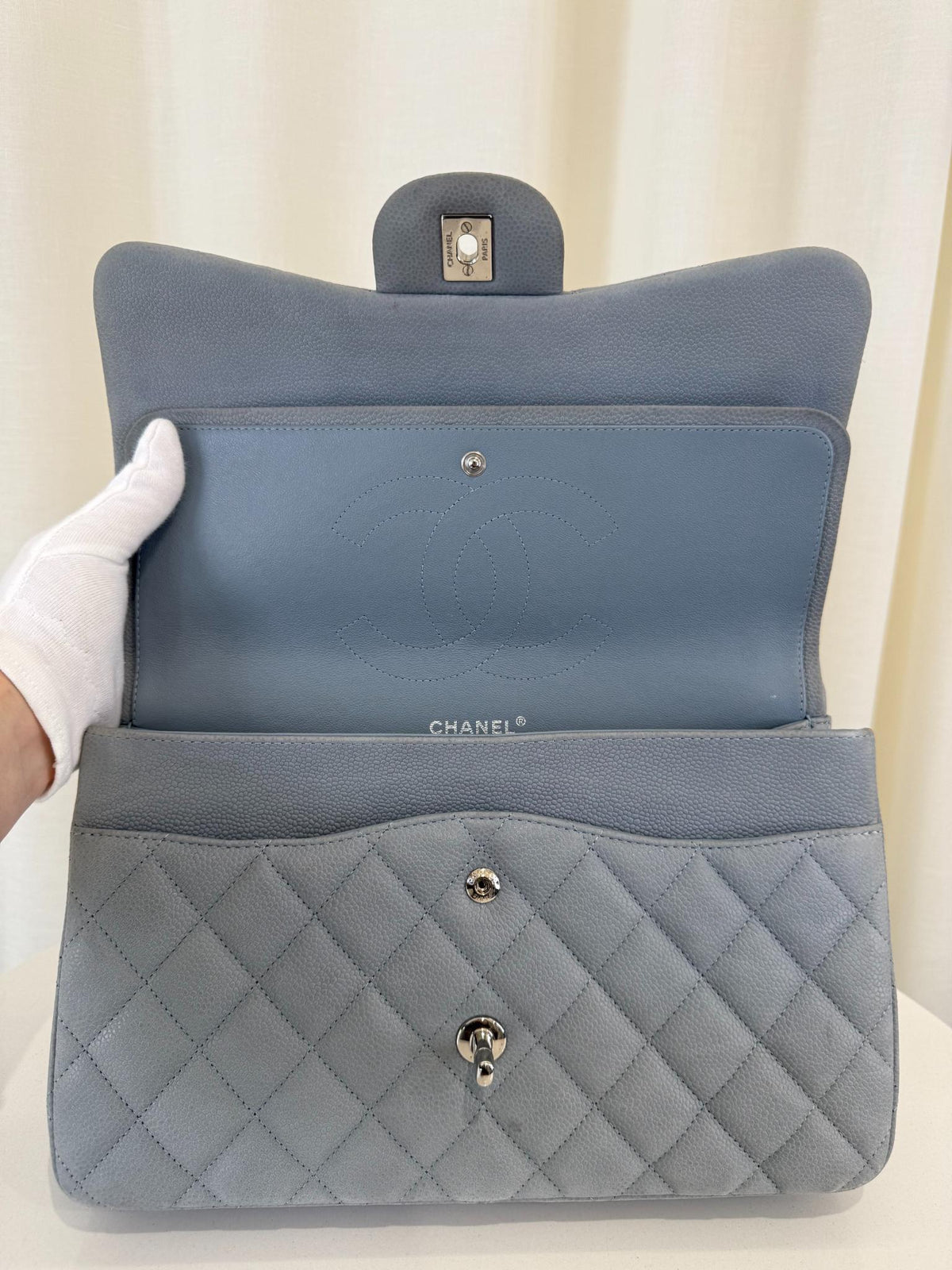 Chanel Classic Jumbo Light Grey Quilted Nubuk Double Flap Bag
