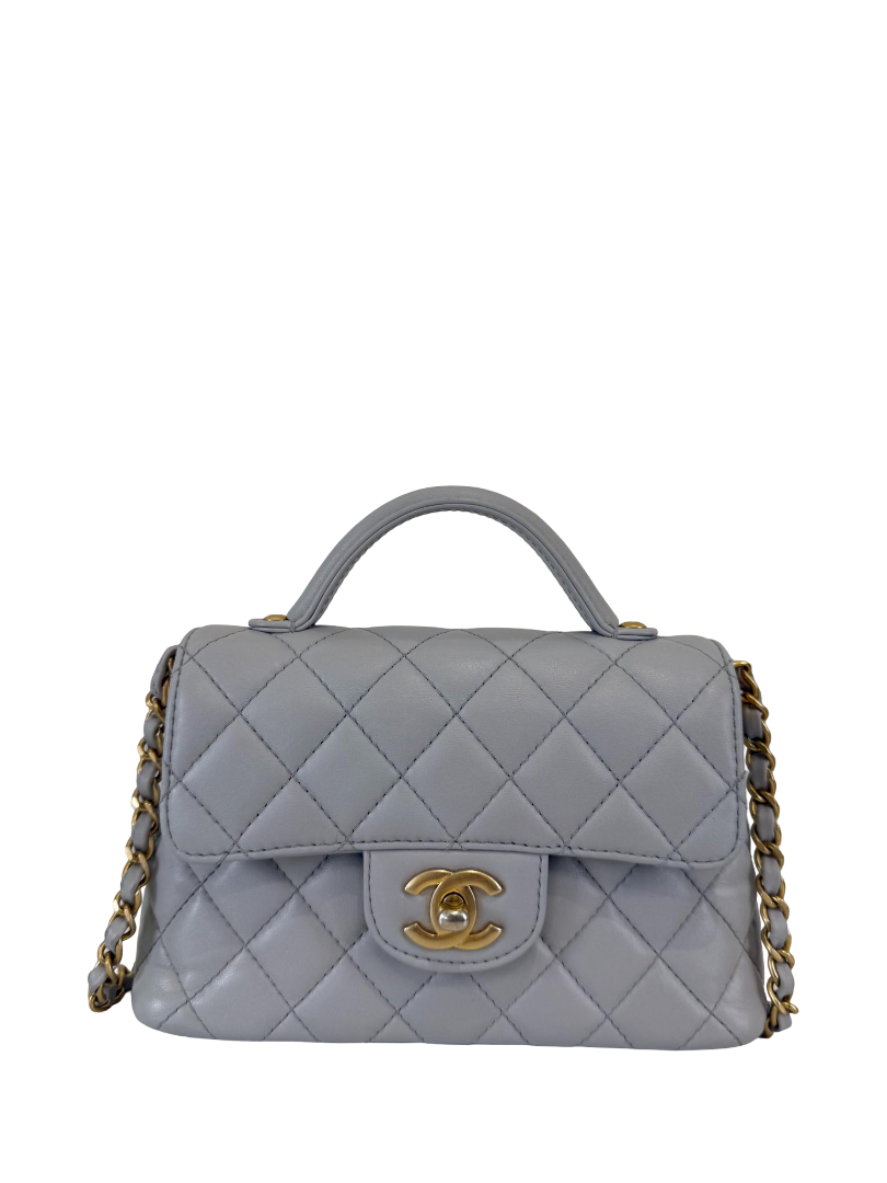Chanel Grey Quilted Lambskin Mini Top Handle Flap Bag