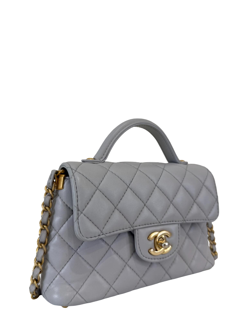 Chanel Grey Quilted Lambskin Mini Top Handle Flap Bag