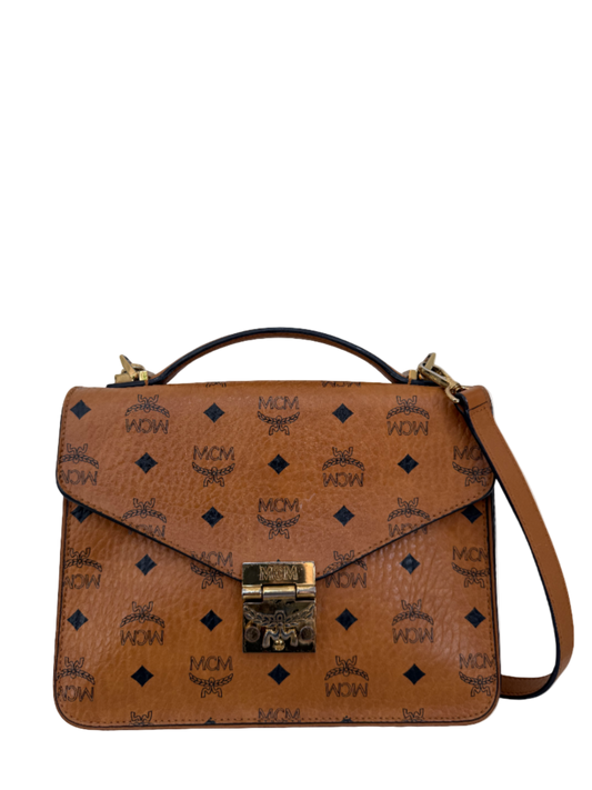 MCM Patricia Satchel Visetos Crossbody Bag Brown