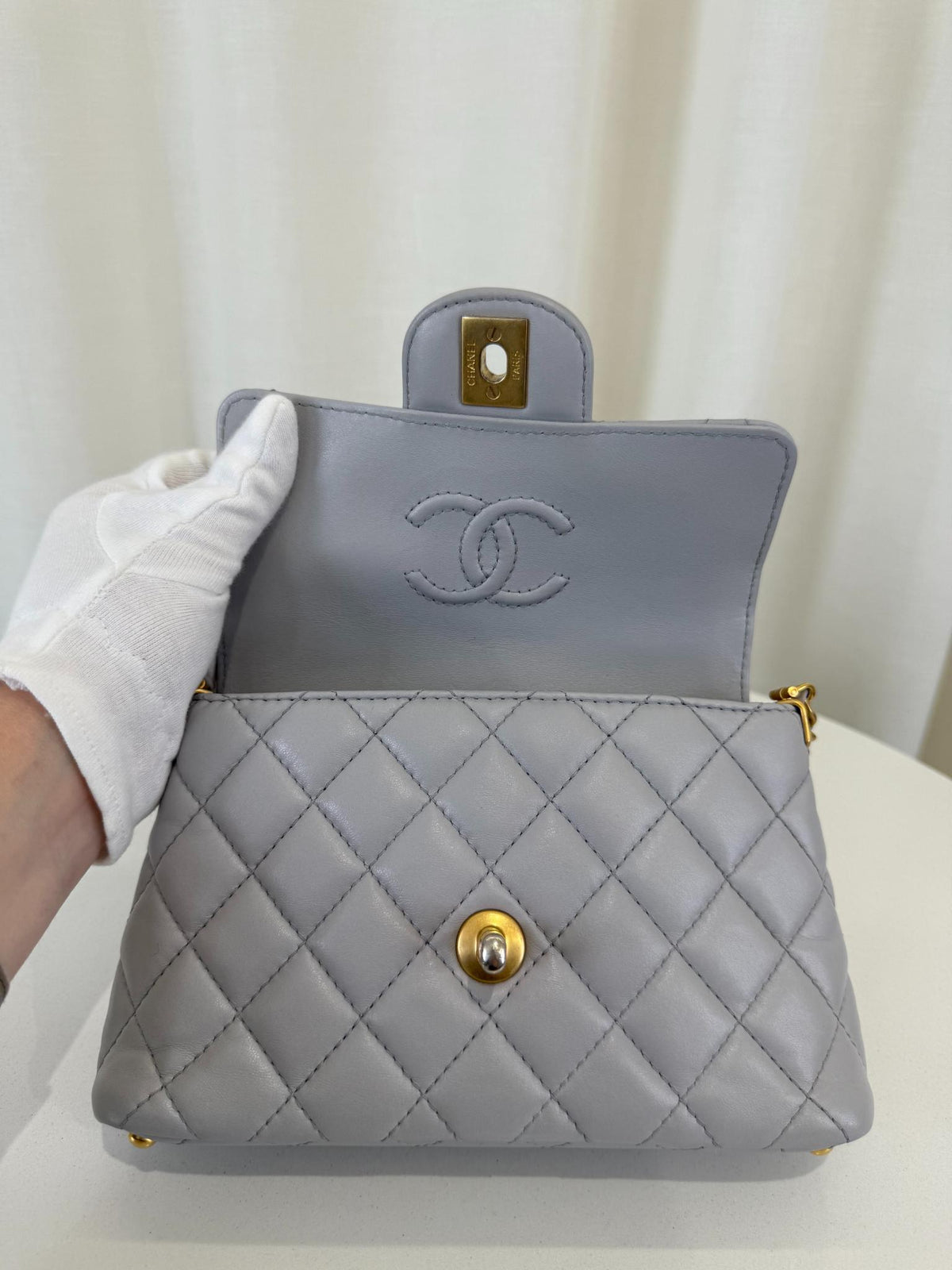 Chanel Grey Quilted Lambskin Mini Top Handle Flap Bag