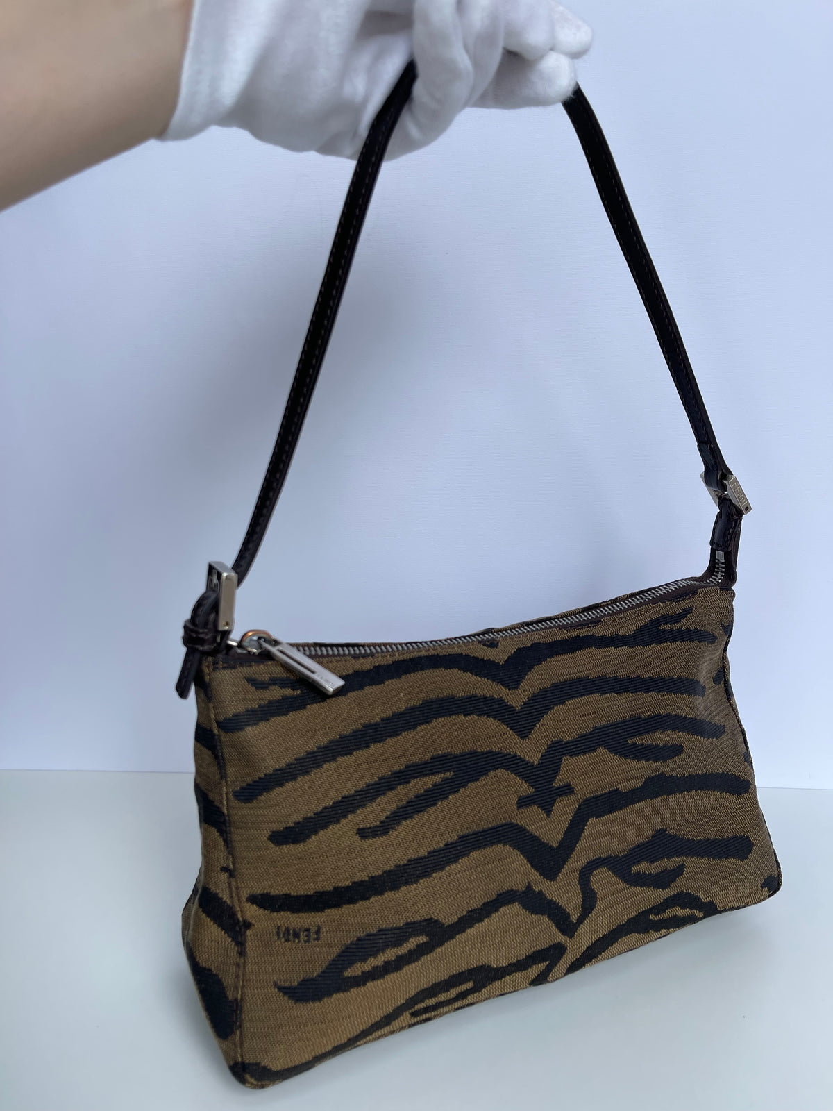 Fendi Brown Zebra Print Canvas Vintage Baguette