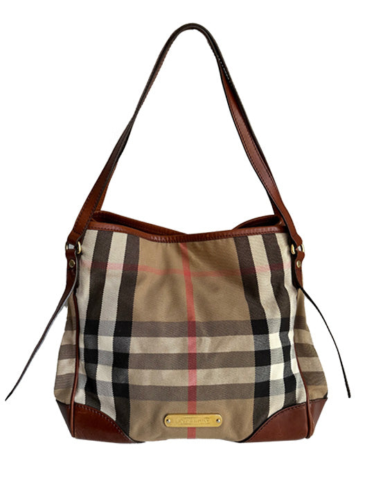 Burberry Brown Leather Bridle House Check Canvas Canterbury Tote Bag